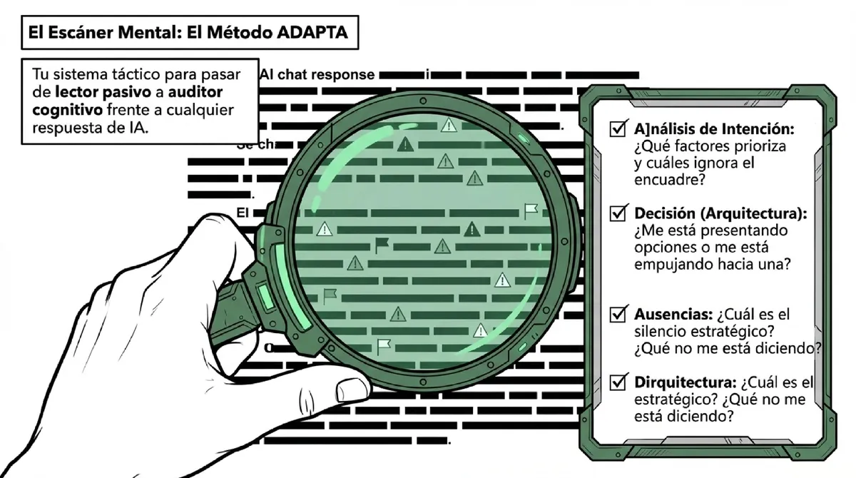 Una mano sosteniendo una lupa sobre un texto, al lado de una lista de verificación del método ADAPTA.