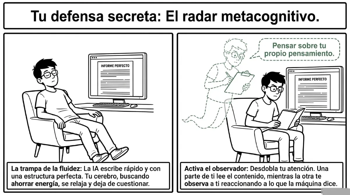 Hombre relajado frente a un informe y luego activando un 'observador' mental que analiza su propia reacción.