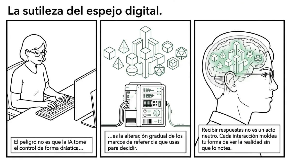 Viñetas que muestran a una persona usando una computadora y cómo la información digital moldea su cerebro.
