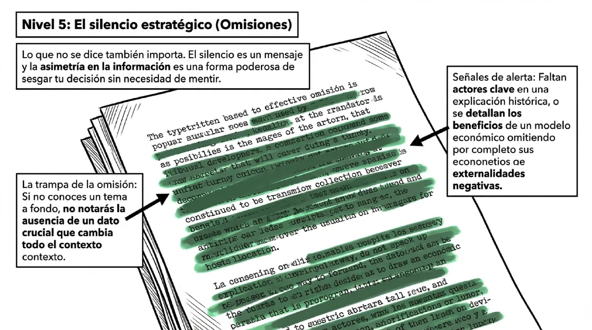 Un documento con párrafos tachados y resaltados para mostrar omisiones de información.