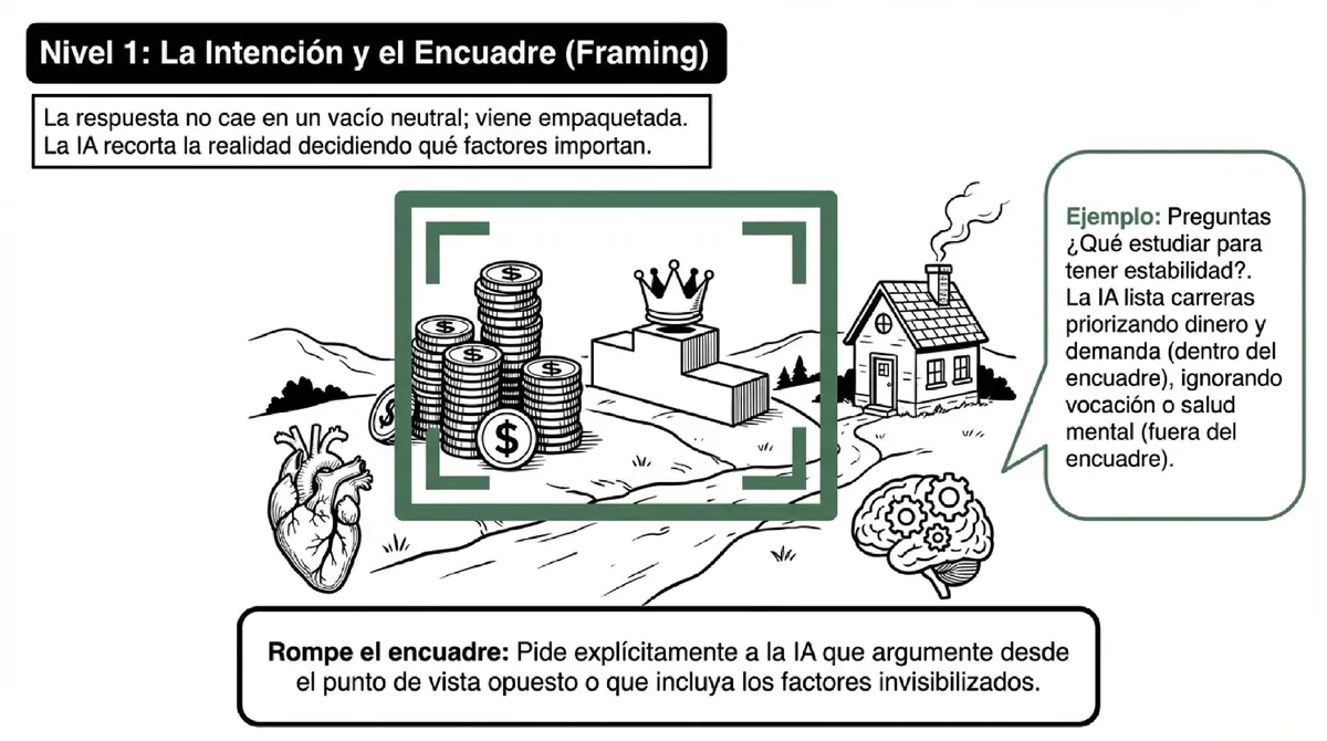 Un marco de enfoque que selecciona dinero y estatus, dejando fuera salud mental y corazón.