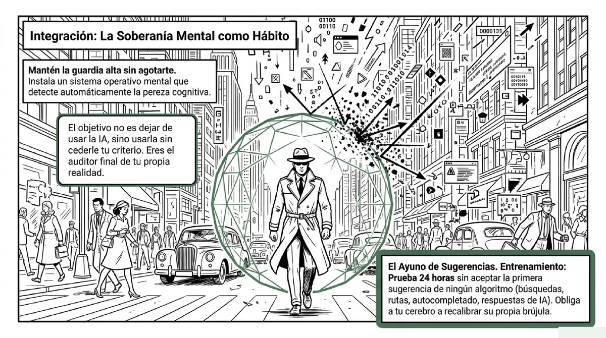 Hombre con sombrero caminando en una ciudad concurrida protegido por un escudo geométrico transparente.