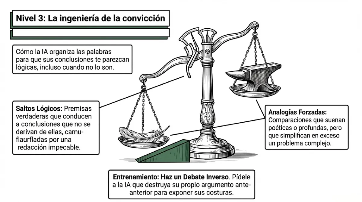 Una balanza antigua donde una pluma pesa más que un yunque debido a un soporte trucado.