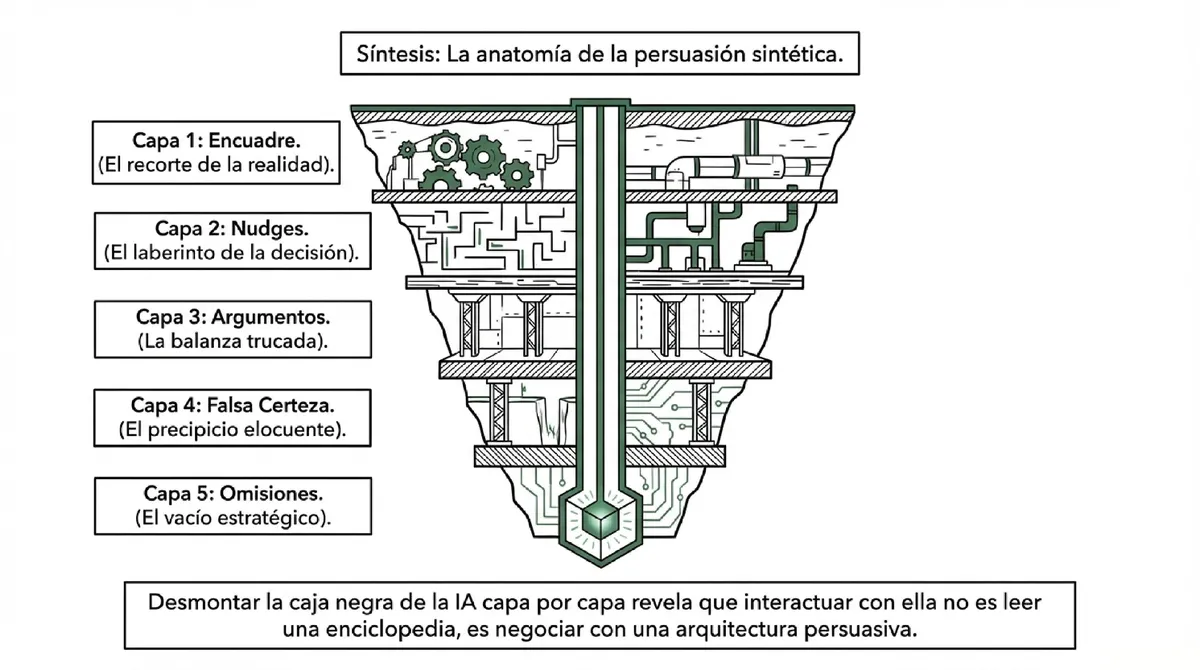 Diagrama de capas subterráneas que representan los niveles de persuasión de una IA.